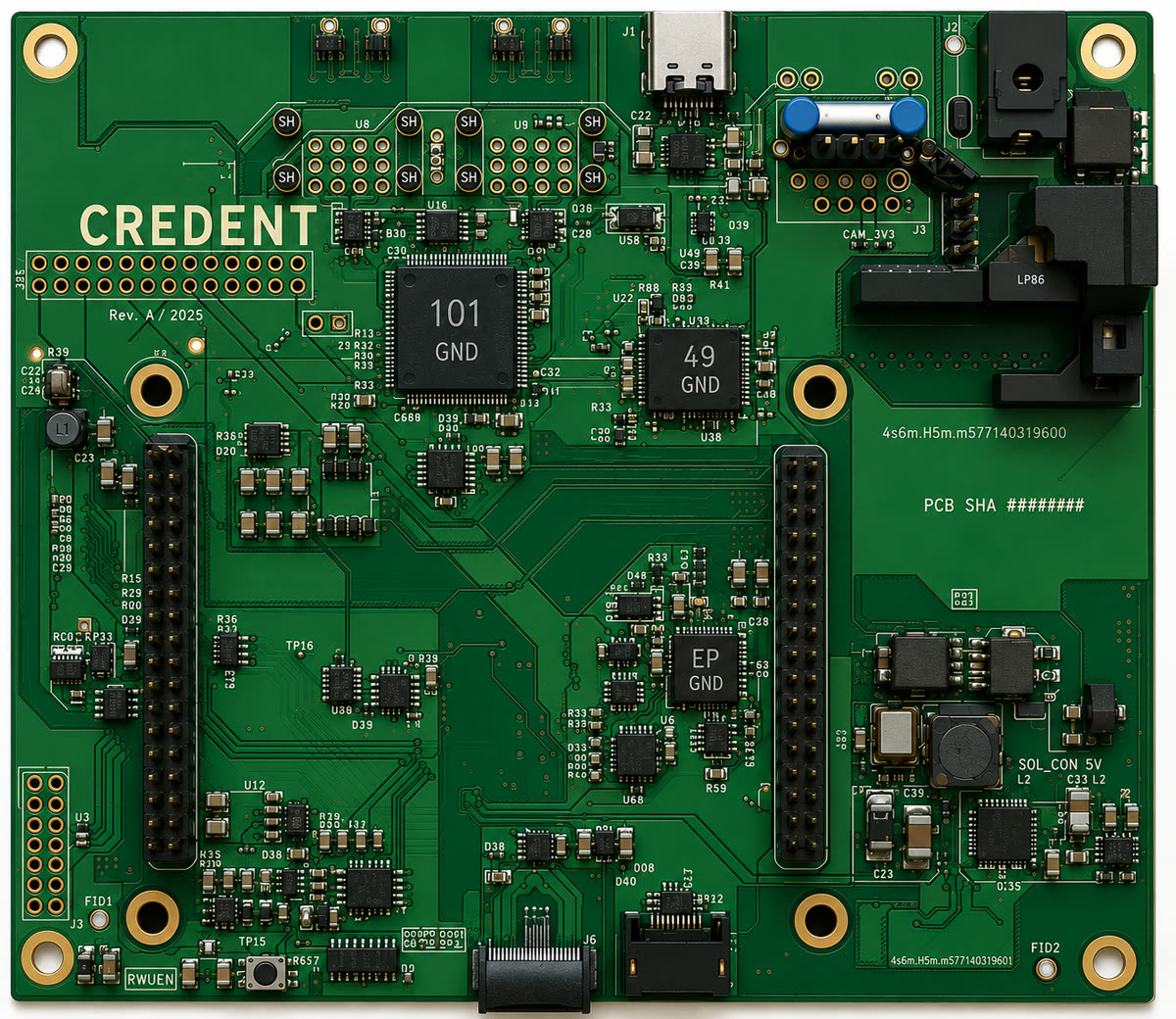 Credent vision-compute carrier board, an eight-layer printed circuit board for a Kria K26 system-on-module with Ethernet, USB, MIPI camera and display interfaces