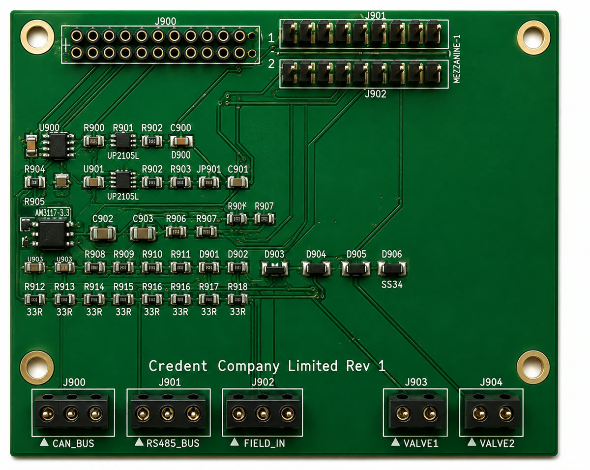 Credent robot I/O mezzanine board, a four-layer printed circuit board with CAN, RS-485, opto-isolated inputs and valve driver circuitry, silkscreened Credent Company Limited Rev 1